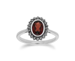 Art Deco Style Oval Garnet & Marcasite Halo Ring in 925 Sterling Silver