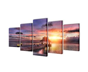 Beach with Pavilion Canvas Prints Framed Wall Art Decor Painting Home 5 Panels