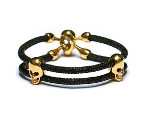 Lavriche Stingray Bracelet Leather with 18K Gold Plated Skull Beads High Quality - Black