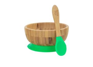 Tiny Dining Children's Bamboo Cereal / Dessert Bowl with Stay Put Suction & Soft Tip Spoon - Green