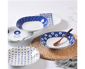 5 Pcs Ceramic 21cm Blue Dot Dinner Plate Set Dining Kitchen Dinnerware Japan