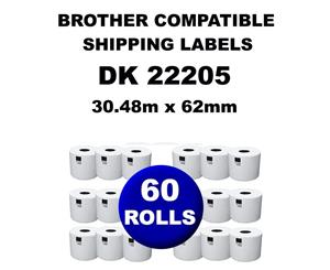 60 Rolls Brother Compatible Direct Thermal Labels DK 22205 62mm x 30.48mm