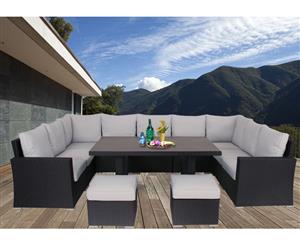 Black Liberty Wicker Outdoor Lounge Dining Setting With White Cushion Cover