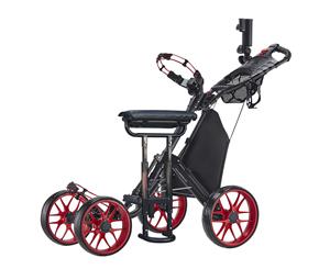 CaddyTek CaddyCruiser ONE v4 One-Click Folding 4 Wheel Golf Buggy / Push Cart - Red + Removable Seat