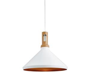 Cone Pendant Light with Wood Decoration - White