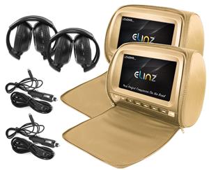 Elinz 2x 9" Headrest DVD Player Car Monitor Pillow Games 1080P USB Games Sony Lens Beige