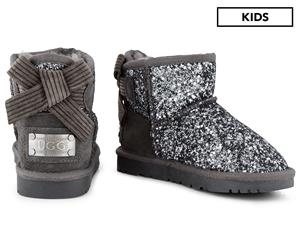 OZWEAR Connection Girls' Bailey Corduroy Bow Sparkling Ugg Boot - Charcoal