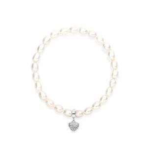 Silver Pave CZ Heart Freshwater Pearl Bracelet