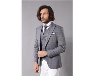 Wessi Slimfit 3 Piece Double Breasted Grey Plaid Mens Suit