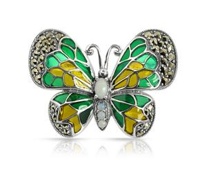 Art Nouveau Style Round Opal Marcasite & Enamel Butterfly Brooch in 925 Sterling Silver