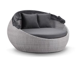 Newport Outdoor Round Wicker Daybed With Canopy - Outdoor Daybeds - Brushed Grey and Denim cushion