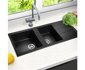 Cefito Kitchen Sink Stone Double Bowl Black Granite Top/Undermount 1160x500mm