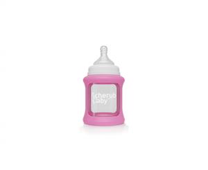 Cherub Baby Glass Single 150ml Bottle with Protective Colour Change Silicone Sleeve - Pink