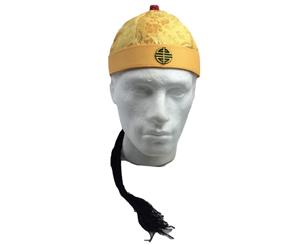 Chinese Landlord Hat Oriental Asian Cap W Ponytail Party Costume Traditional - Yellow - Yellow