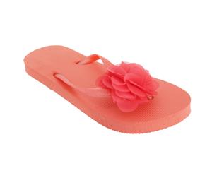 Floso Womens/Ladies Plain Toe Post Flip Flops With 3D Flower Detail (Coral) - FLIP253