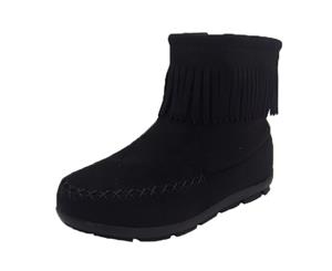 Grosby Ruby Ankle Length Boot Cute Fringe trim Flat Sole Zip up Side - Black