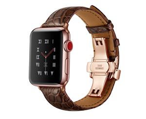 WIWU Crocodile Leather Watch Band Rosegold Metal Buckle For Apple Watch 5/4/3/2/1-Brown