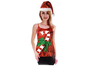 Women's Christmas Sequin Singlet Candy Cane Costume