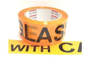 1x Glass Dispatch Tape Orange Black 48mm x 75mm Roll With Care Packing Label
