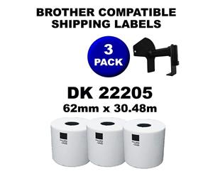 3 Rolls Brother Compatible Direct Thermal Labels DK 22205 62mm x 30.48mm With Cartridge