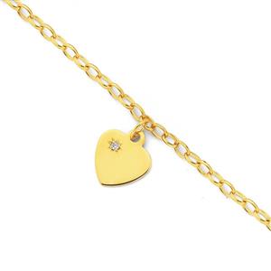 9ct Gold 16cm Solid Belcher Diamond Heart Charm Bracelet