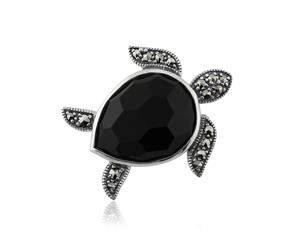 Art Nouveau Style Pear Black Onyx & Marcasite Turtle Brooch in 925 Sterling Silver