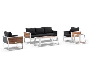 Corfu 3+1+1 Aluminium & Teak Lounge With Coffee Table & Side Table In Sunbrella - White with Canvas Coal - Outdoor Aluminium Lounges