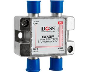 SP3F DOSS 3 Way 'F' Splitter or Combiner DC Pass Through 2.4Ghz Doss High Quality Satellite & Cable Compatible 75&Omega Splitters In Zinc Diecast
