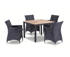 Sahara 4 Seater Square Teak And Wicker Dining Table And Chairs Setting - Outdoor Wicker Dining Settings - Charcoal Wicker with Denim