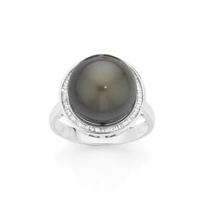 9ct White Gold Cultured Tahitian Pearl and Diamond Ring