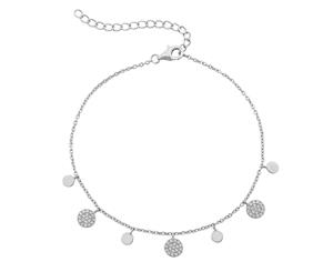 Bevilles Sterling Silver Plain and Large Cubic Zirconia Pave Disc Charm Anklet