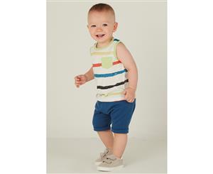 Mamino- Baby- Boy- Marcel- Blue Harem Short - and White Sleeveless Printed Tee Shirt 2 Pieces Set