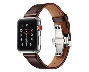 WIWU New Genuine Leather Watch Band Silver Metal Butterfly Buckle For Apple Watch 5/4/3/2/1-Darkbrown