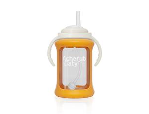 Cherub Baby - Wide Neck Glass Straw Cup with Colour Change Sleeve 240ml  Orange