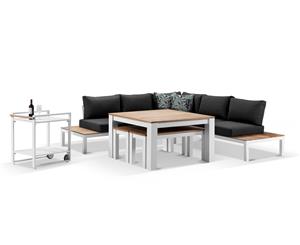 Nova Outdoor Aluminium Lounge & Dining Setting W/ Bar Cart - Outdoor Aluminium Lounges - White with Denim Grey