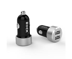Rock Car USB Charger 4.8A Dual USB Ports - Black & Silver