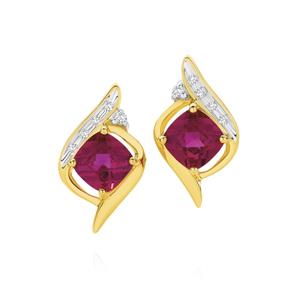 9ct Gold Created Ruby & Diamond Swirl Stud Earrings