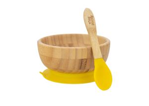 Tiny Dining Children's Bamboo Cereal / Dessert Bowl with Stay Put Suction & Soft Tip Spoon - Yellow