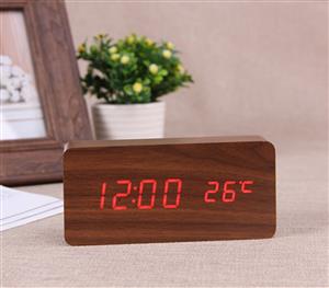 Red Led Wooden 3 Alarm Clock + Temperature Display Usb/Battery Wood Brown 6035