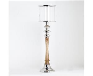 SOFIE 83cm Tall Hurricane Lamp with Round Base and Timber/Polished Nickel Stand