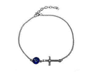 Side Ways Cross Double Sided Evil Eye Adjustable Anklet In Sterling Silver 9.5" to 11" - White