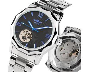 WINNER Silver Case Black Dial Automatic Mechanical for Men Stainless Steel Watches