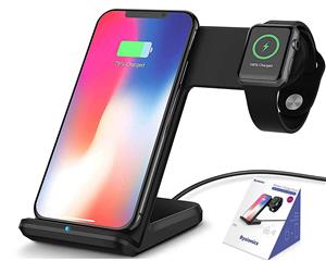 WIWU F11 Wireless Charger2 in 1 Fast Qi Phone Wireless Charging Stand for Apple iWatch Series 4/3/2/1 (Black)