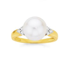 9ct Gold Cultured Freshwater Pearl & Diamond Ring