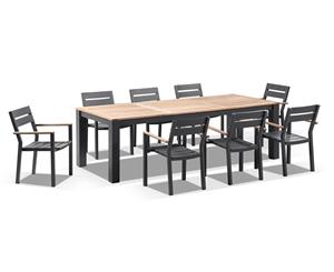 Balmoral 2.5M Teak Top Aluminium Table With 8 Capri Dining Chairs - Outdoor Teak Dining Settings - Charcoal Aluminium with Denim