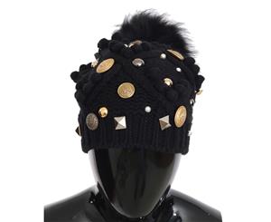 Dolce & Gabbana Black Knitted Cashmere Crystal Studded Dg Logo Coins Hat
