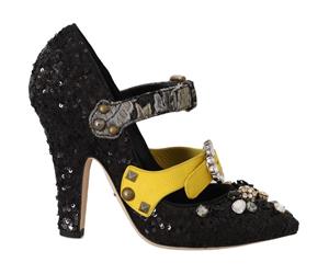 Dolce & Gabbana Black Sequined Crystal Studs Heels Shoes