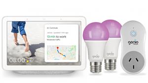 Google Nest Hub(Chalk) + Mirabella Genio E27 Light Bulb (2 Pack) + Genio Plug Bundle