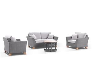 Malibu 2+1+1 With Round Industrial Teak Top Coffee Table Set - Flat Brushed Grey Olefin Grey - Outdoor Wicker Lounges