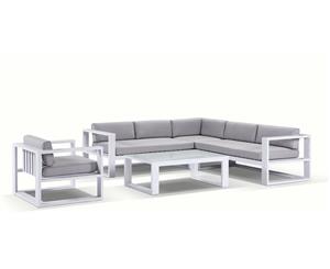 Santorini Package B In White With Textured Grey Cushions - White with Olefin Grey - Outdoor Aluminium Lounges